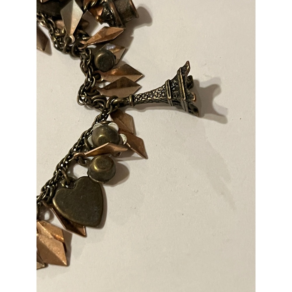 Betsey Johnson Paris Eiffel Tower Charm Necklace Bronze Tone Mixed Metal Heart - Picture 8 of 14